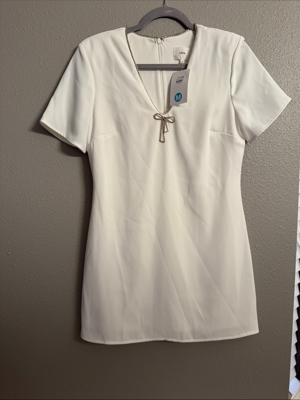 Lena White V-Neck Shift Dress with Rhinestone Bow